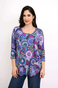 Front view of woman wearing 3/4 sleeve top in purple mandala print                                                                                                     