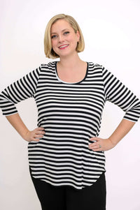 Model smiling in black and white striped 3/4 sleeve bamboo top