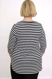 Back view of striped 3/4 sleeve top displayed on model