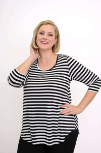 Model posing in a jazz-style striped 3/4 sleeve shirt