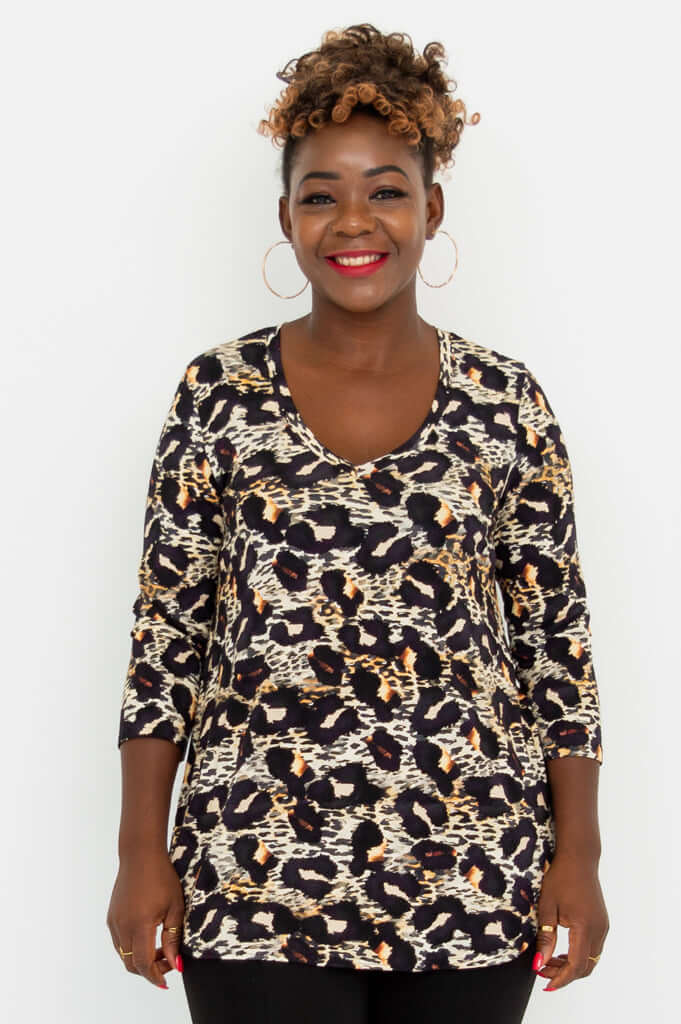 Front view of woman wearing Jackie V-Neck Leopard Top with 3/4 sleeves