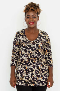 Front view of woman wearing Jackie V-Neck Leopard Top with 3/4 sleeves