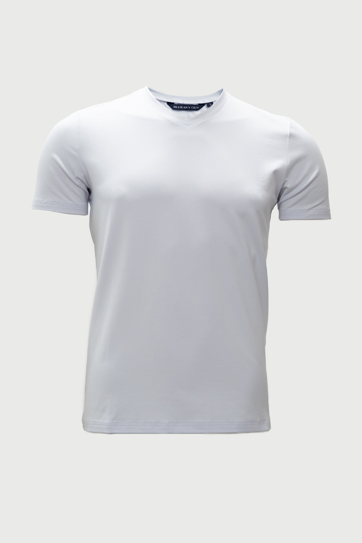 Soft white bamboo cotton t-shirt with a modern high V-neck and short sleeves on a light gray background