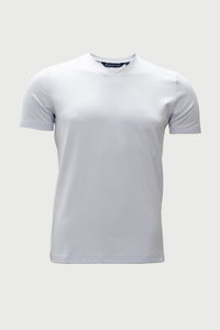 Soft white bamboo cotton t-shirt with a modern high V-neck and short sleeves on a light gray background