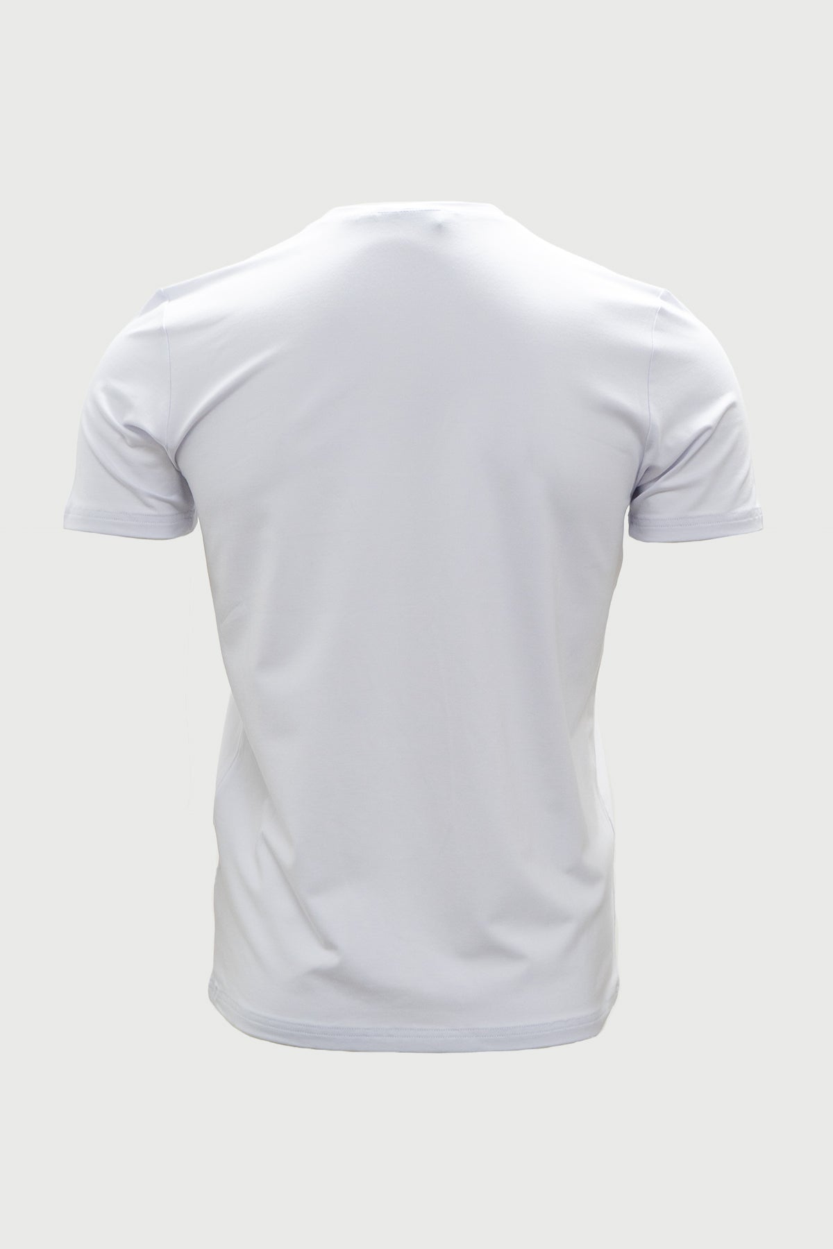 Back view of white bamboo cotton t-shirt with short sleeves and a modern athletic fit on a gray background.