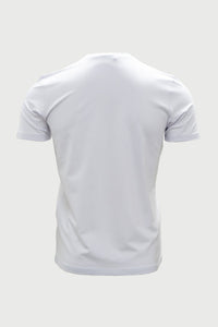 Back view of white bamboo cotton t-shirt with short sleeves and a modern athletic fit on a gray background.