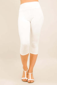 Angled front view of Riley Capri Legging highlighting waistband and fit