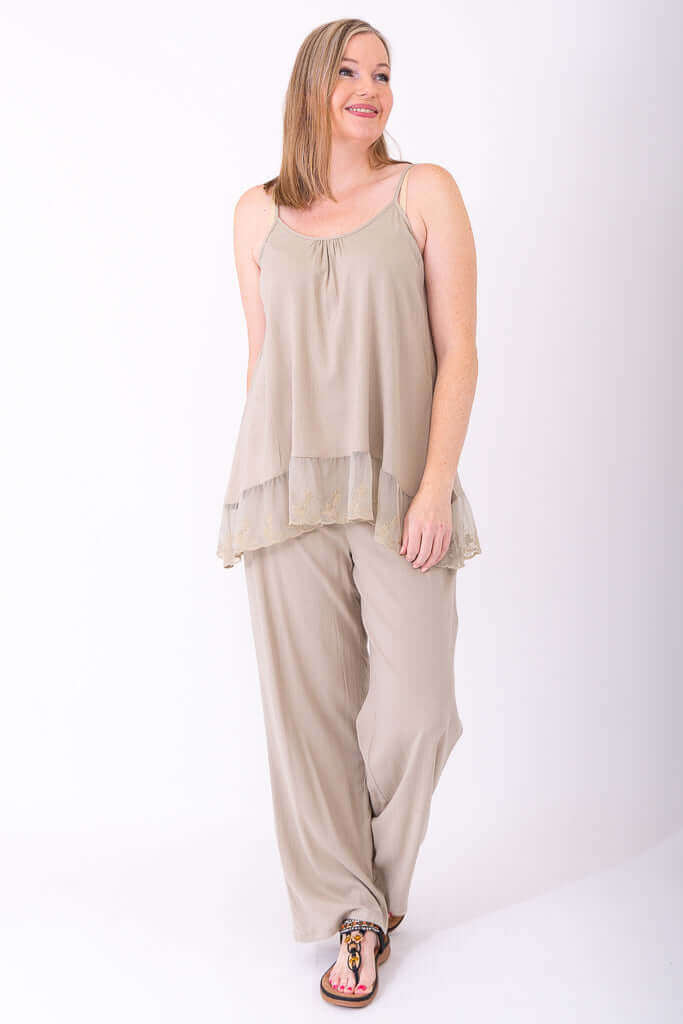 Side angled view of model in Chantilly Lace Tank and pants