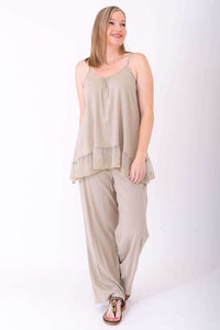 Side angled view of model in Chantilly Lace Tank and pants