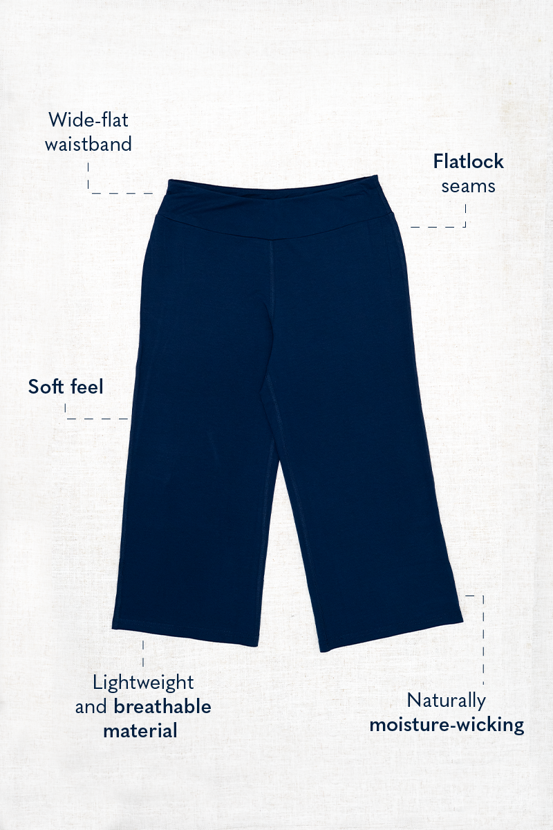 Graphic of navy blue pants on a white background with text labels showing off details of the pants