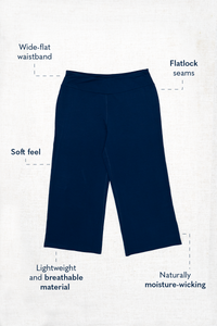 Graphic of navy blue pants on a white background with text labels showing off details of the pants