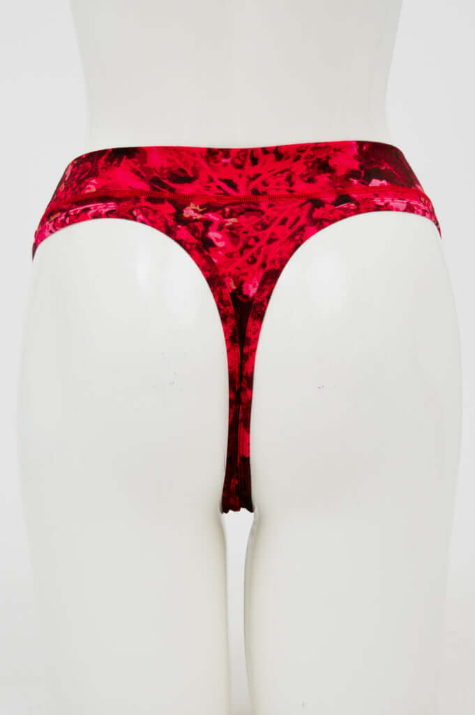 Back view of red patterned high-rise bamboo thong underwear showcasing thong fit