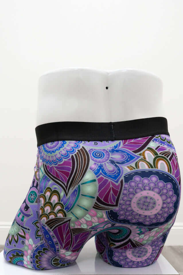 Back view of Middle Man bamboo boxer briefs highlighting floral print and fit