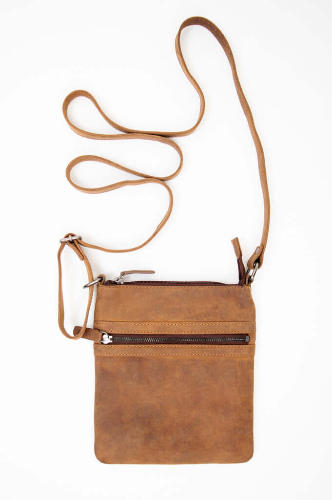 Back view of rustic brown leather crossbody pouch with zipper closure
