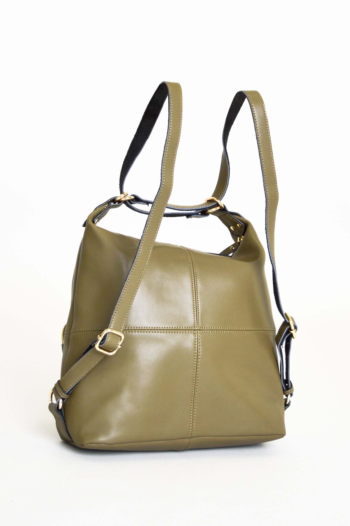 Back view of olive green convertible organizer bag showing adjustable straps