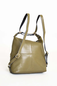 Back view of olive green convertible organizer bag showing adjustable straps