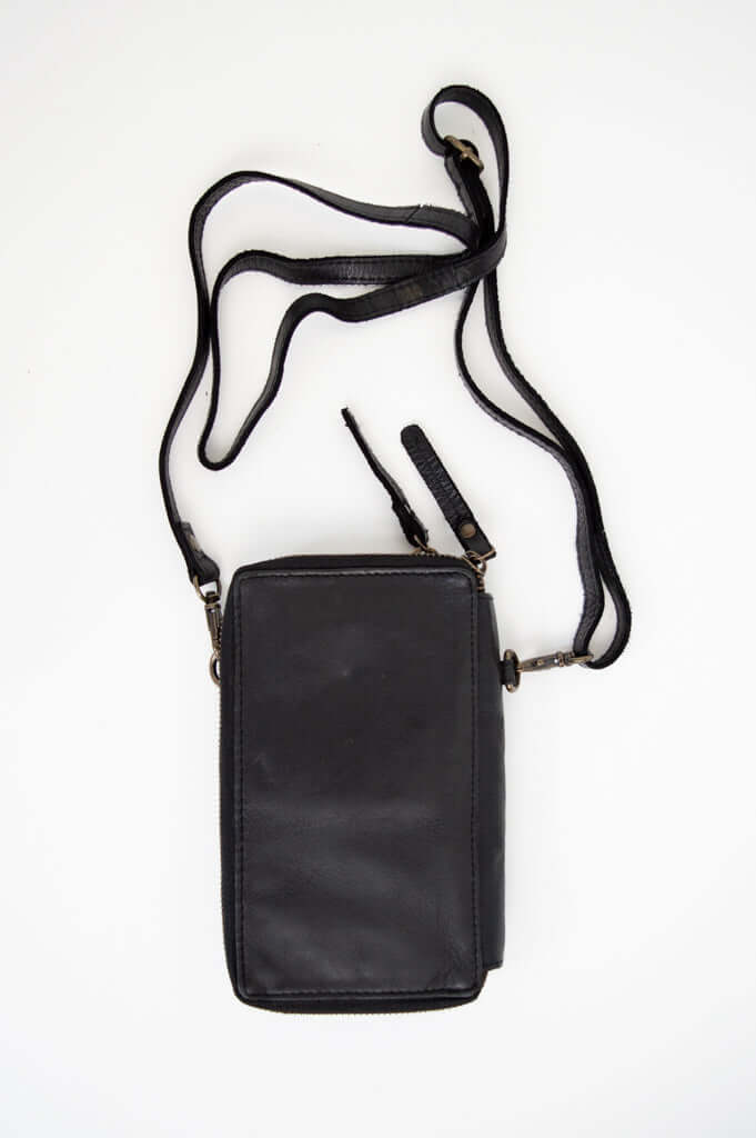 Back view of black leather crossbody wallet with smooth finish