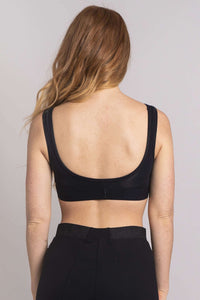 Back view of woman wearing Blue Sky black comfort bra and pants