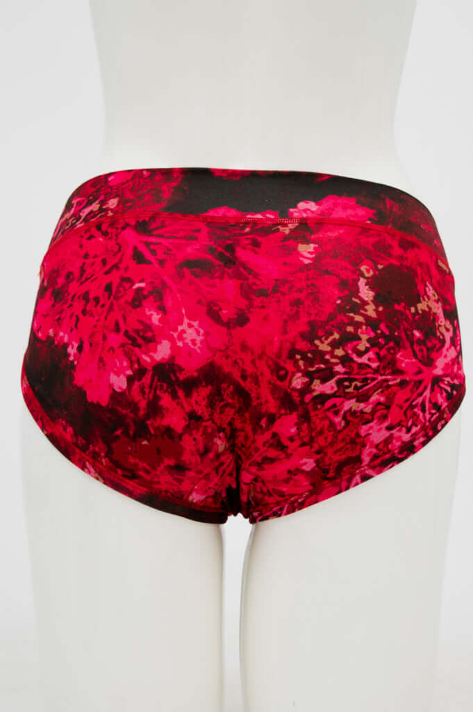 Back view of crimson hipster underwear with double layered gusset on mannequin