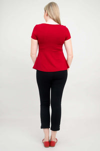 Back view of woman wearing Kim Cap bamboo top in cherry red