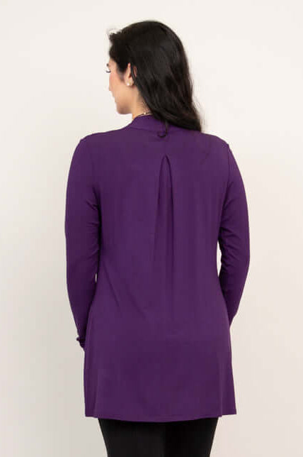 Back view of a woman wearing the violet open-front Chopra bamboo jacket