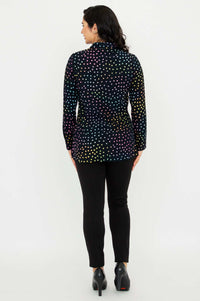 Back view of Cindy smocked dot shirt featuring pleating and colorful dots
