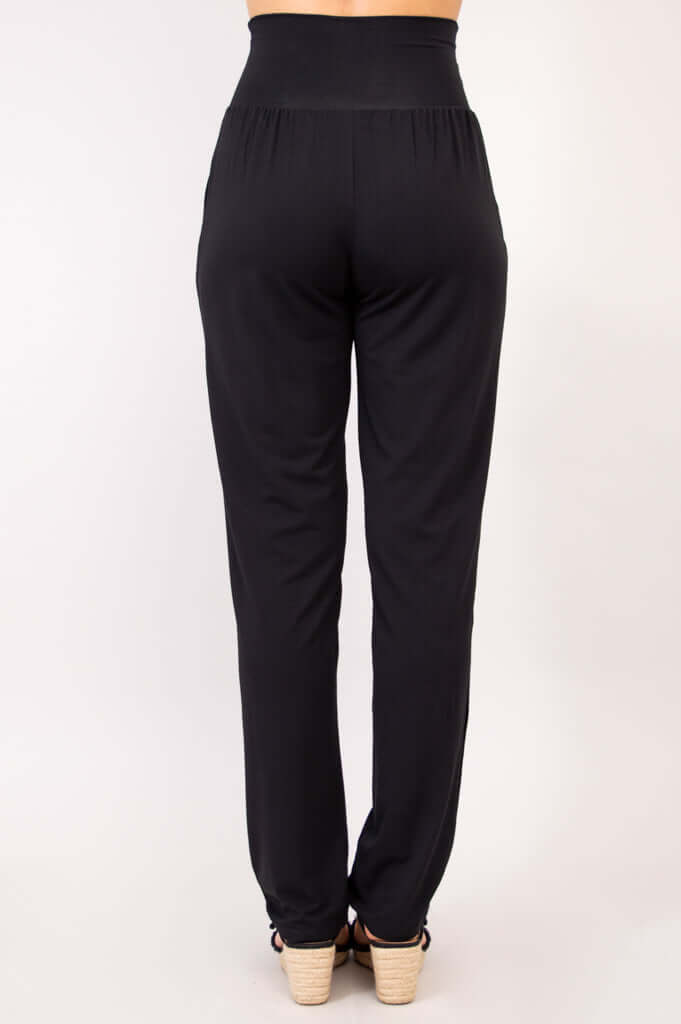 Back view of Clair black bamboo comfort pants displaying waistband and leg shape