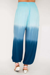 Back view of Embra ombre blue pants highlighting gradient design