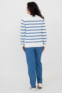 Back view of the Frida striped sweater showing horizontal blue stripes