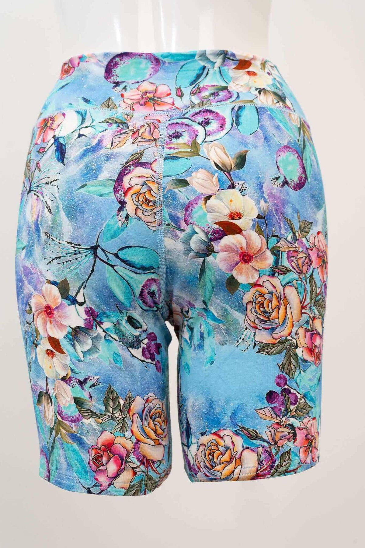 Back view of Hallie Bamboo Shorts featuring a colorful floral design