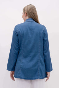 Back view of woman showcasing the fit of blue Kelly jacket