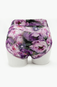 Back view of La Gaunche high-rise brief in purple floral print on mannequin