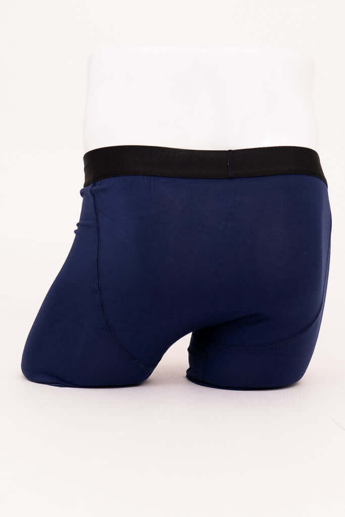 Back view of navy bamboo boxer briefs with black waistband