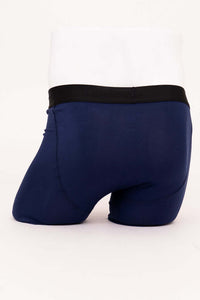 Back view of navy bamboo boxer briefs with black waistband