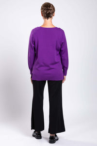 Back view of model showcasing purple V-neck cotton sweater