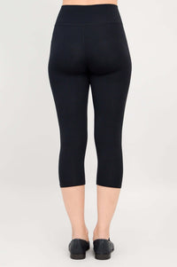 Back view of black capri leggings showing waistband and cropped length