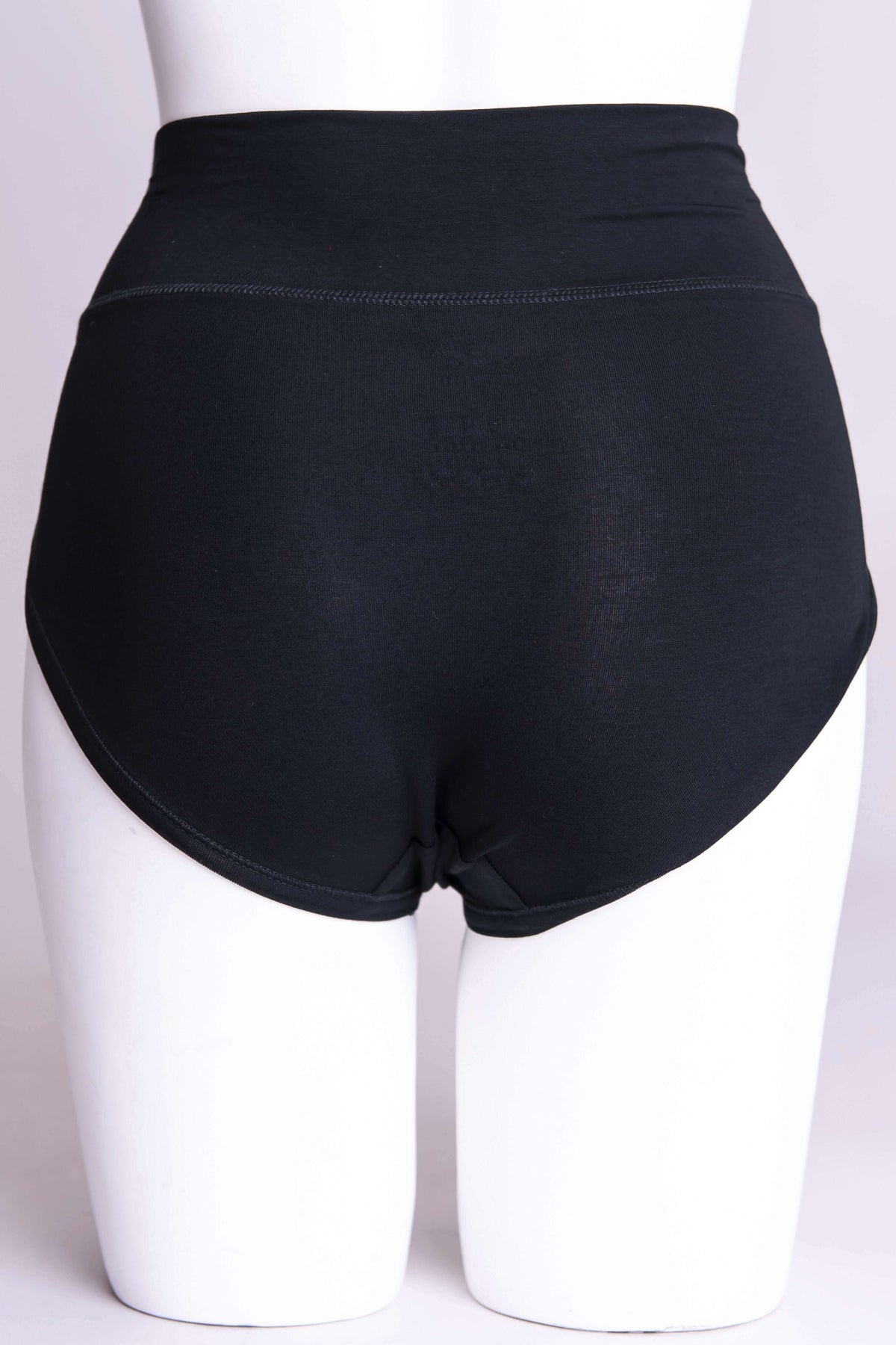 Back view of black high-waist bamboo women's panty on a mannequin