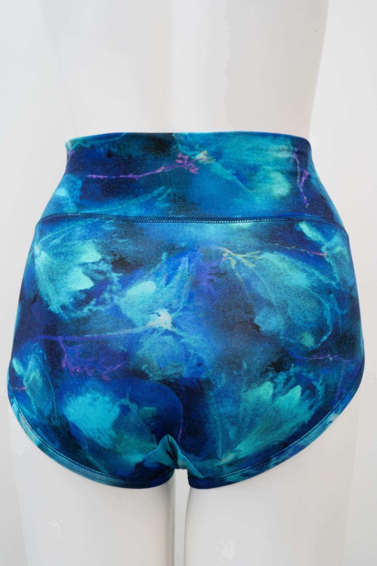 Back view of blue lagoon print high waist brief on mannequin