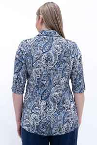 Back view of woman wearing blue paisley bamboo and linen blouse