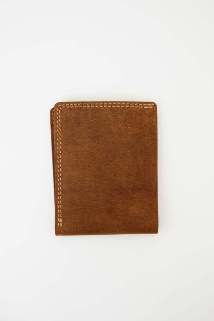 Back view of a brown leather wallet with reinforced edges