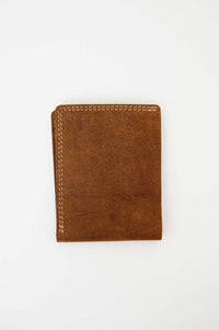Back view of a brown leather wallet with reinforced edges