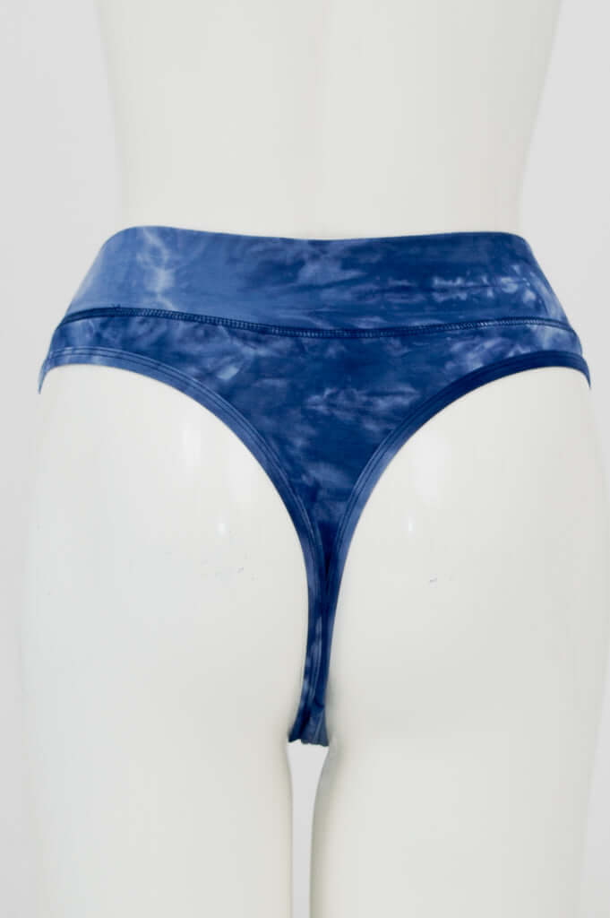 Back view of indigo tie-dye bamboo high rise thong underwear on mannequin