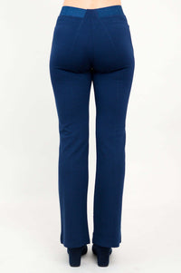 Back view of indigo flare modal pants highlighting waistband and seams