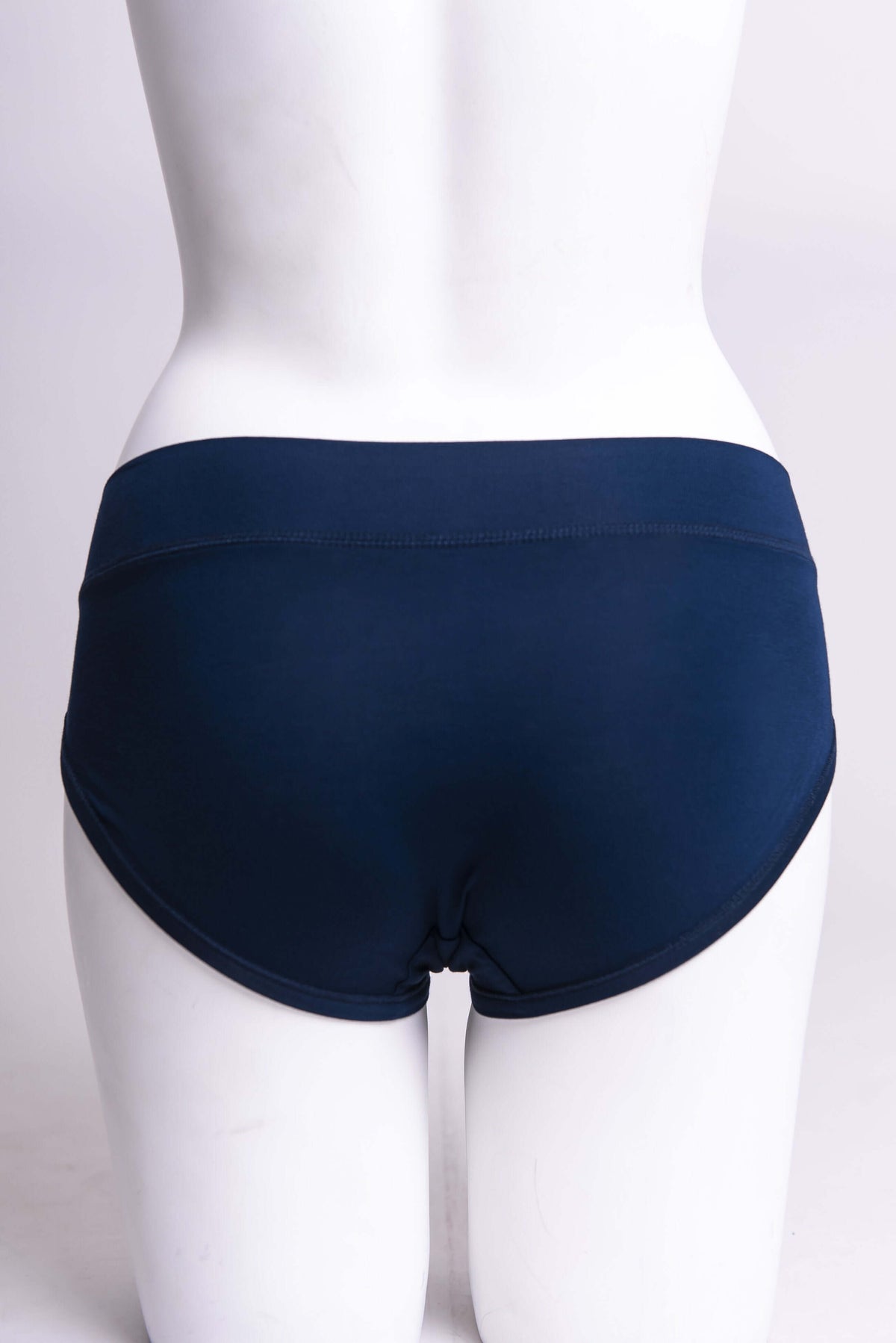 Back view of navy blue hipster brief underwear on mannequin