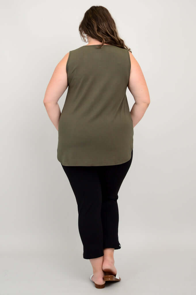Model showing back view of olive green sleeveless bamboo tank top