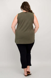 Model showing back view of olive green sleeveless bamboo tank top