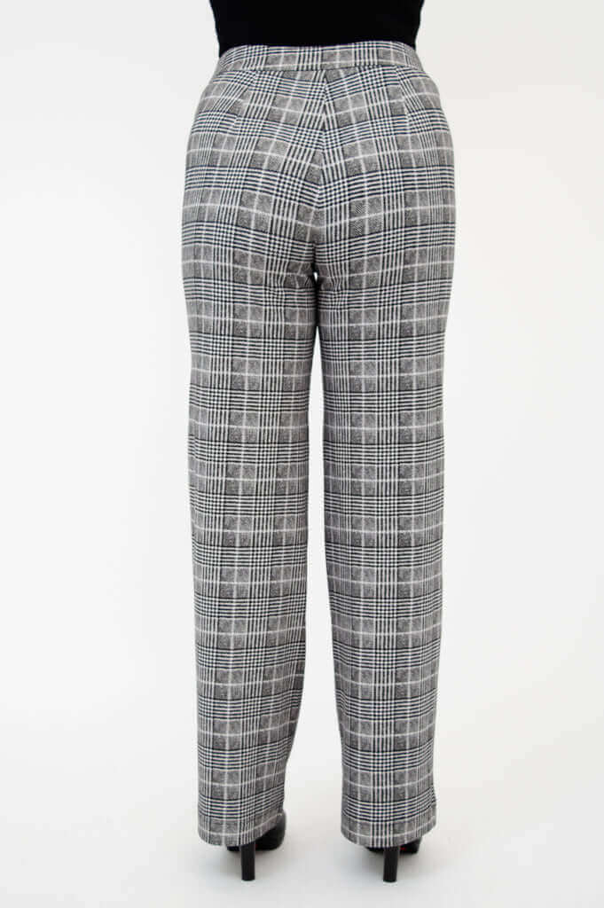 Back view of plaid straight leg trousers
