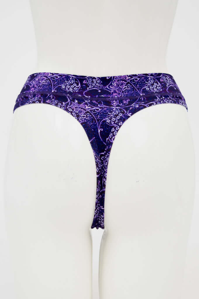 Back view of purple bamboo thong underwear displaying thong style and unique pattern