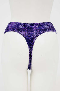 Back view of purple bamboo thong underwear displaying thong style and unique pattern