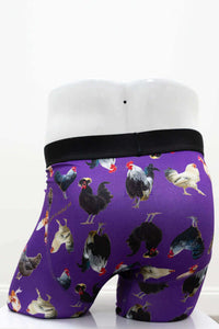 Back view of purple rooster print men's boxer briefs on mannequin